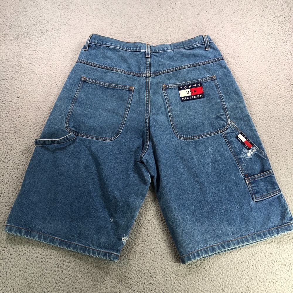 VTG Tommy Hilfiger Shorts Adult 38 Blue Carpenter Baggy Y2K 90s Jeans Patch Flag